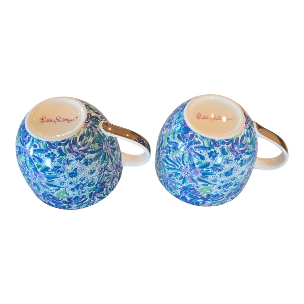 Lilly Pulitzer NIB Set of 2 Coffee Cup Gold Handle 12 oz Blue High Maintenance